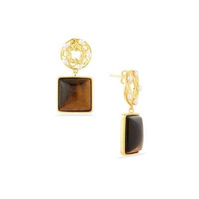 Freshwater Cultured Pearl Earrings with Yellow Tiger's Eye in Gold Tone Sterling Silver 
