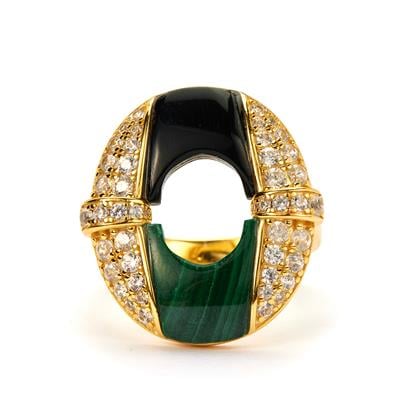 Malachite and Black Onyx Ring with White Zircon in Gold Tone Sterling Silver 3.94cts