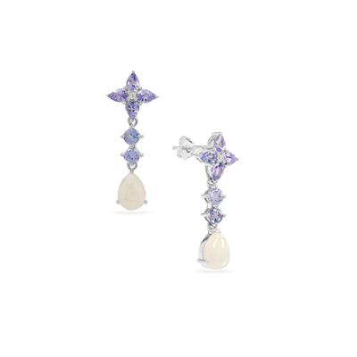 Rainbow Moonstone, Tanzanite Earrings with White Zircon in Sterling Silver 4.90cts