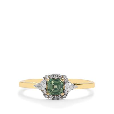 Asscher Cut Songea Green Sapphire Ring with White Zircon in 9K Gold 0.75ct