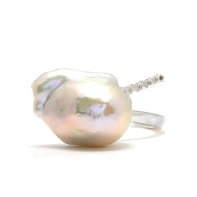 Aurora Effect Baroque Freshwater Cultured Pearl Ring with White Topaz in Sterling Silver (20 X 12mm)