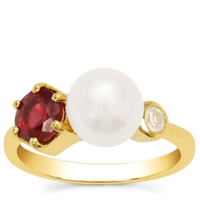 Malagasy Ruby, White Zircon Ring with Kaori Cultured Pearl in Gold Plated Sterling Silver (8mm)