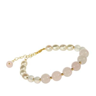 Freshwater Cultured Pearl, Rose Quartz Bracelet with White Agate in Gold Tone Sterling Silver (5x7mm)