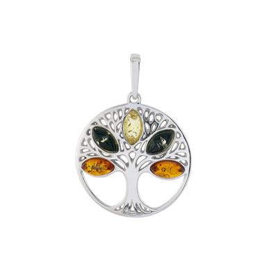 Baltic Cognac, Green & Champagne Amber Tree of Life Pendant in Sterling Silver