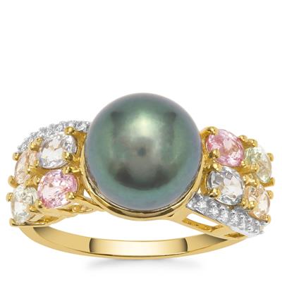 Tahitian Cultured Pearl, Multi-Colour Sapphire Ring with White Zircon in 9K Gold (9mm) 