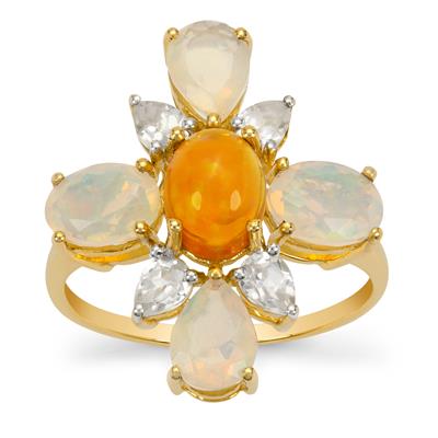 Ethiopian Dark Opal Ring with White Zircon in 9k Gold 3.45cts
