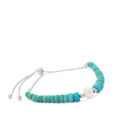 Sleeping Beauty Turquoise Slider Bracelet with Freshwater Pearl in Sterling Silver (6 to 7 MM)
