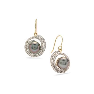 Tahitian Cultured Pearl Earrings with White Zircon in 9K Gold (8 MM)