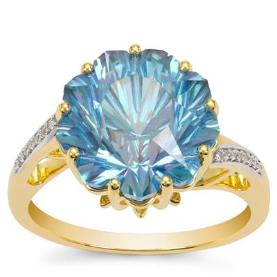 Lehrer Nine Pointed Star Rio AquaTopaz Ring with White Zircon in 9K Gold 8.70cts
