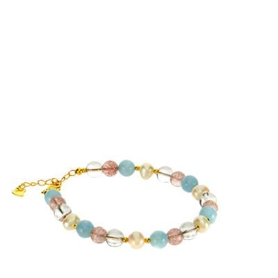 Multi-Gemstone Bracelet with Freshwater Cultured Pearl in Gold Tone Sterling Silver