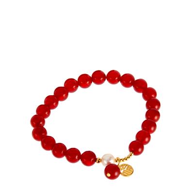 Red Agate Stretchable Bracelet with Kaori Freshwater Cultured Pearl in Gold Tone Sterling Silver 