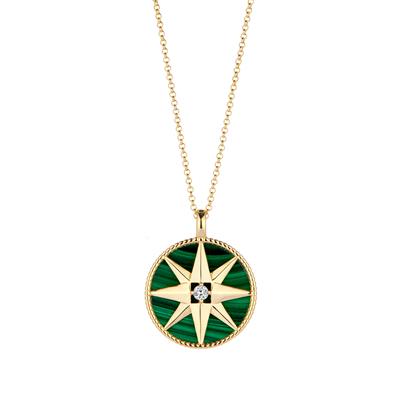 Congo Malachite Compass Rose Necklace with White Topaz in Gold Tone Sterling Silver 19cts