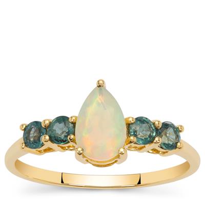 Ethiopian Opal Ring with Australian Teal Sapphire in 9K Gold 1ct