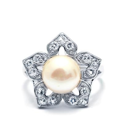 Freshwater Cultured Pearl Ring with White Topaz in Sterling Silver (8.50mm)