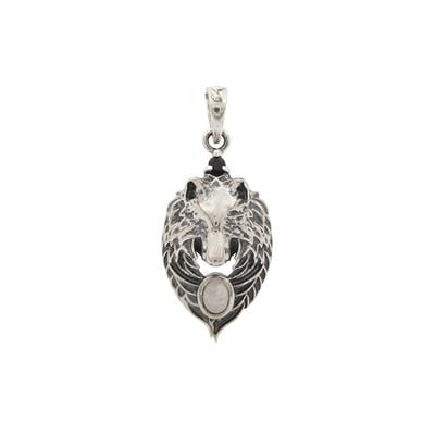 Black Spinel & Rainbow Moonstone Sterling Silver Wolf Pendant ATGW 0.19ct With Oxidised