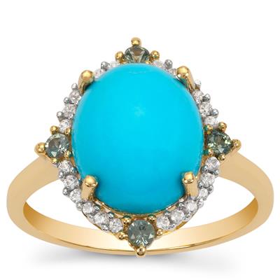 Sleeping Beauty Turquoise, Montana Sapphire Ring with White Zircon in 9K Gold 4.65cts