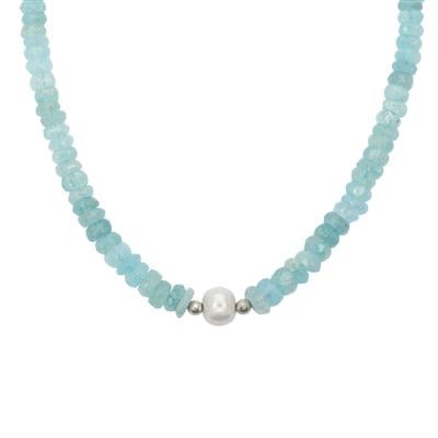 Mozambique Aquamarine & Freshwater Cultured Pearl Sterling Silver Necklace (7X6 MM)