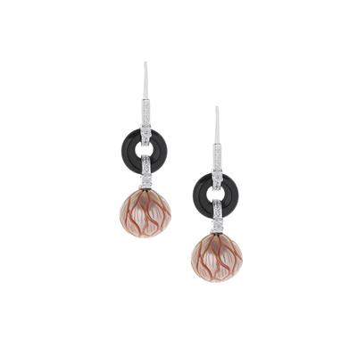 Freshwater Cultured Carved Pearl, White Zircon Earrings with Black Onyx in Sterling Silver 