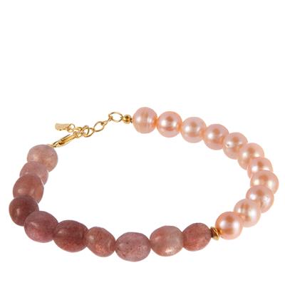 Kaori Freshwater Cultured Pearl Bracelet with Strawberry Quartz in Gold Tone Sterling Silver 
