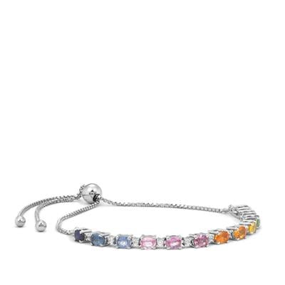 Multi-Colour Sapphire Slider Bracelet with White Zircon in Platinum Plated Sterling Silver 3.10cts