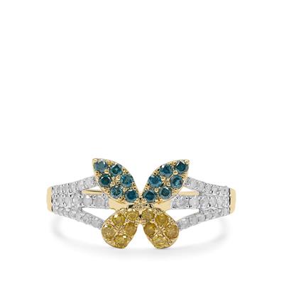 Blue, Yellow Diamonds Ring with White Diamonds in 9K Gold 0.51ct