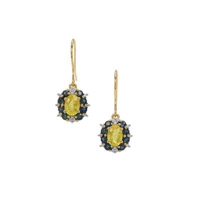Nigerian Yellow Sapphire, Natural Nigerian Blue Sapphire Earrings with White Zircon in Gold Plated Sterling Silver 3.85cts