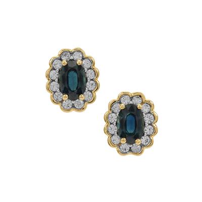 Australian Blue Sapphire Earrings with White Zircon in 9K Gold 1.75cts