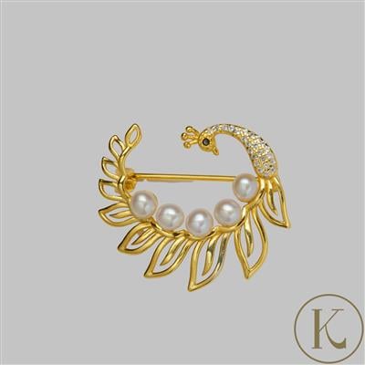 Kimbie Le Beau Paon Topaz, Black Spinel & Freshwater Cultured Pearl Brooch in Gold Plated Sterling Silver 0.1ct