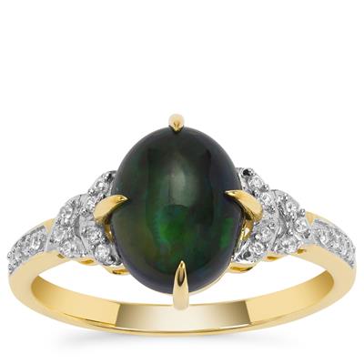 Ethiopian Black Opal Ring with White Zircon in 9K Gold 1.65cts