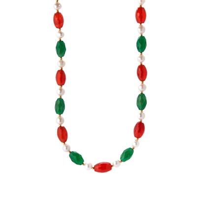 Red, Green Agate Necklace with Kaori Freshwater Cultured Pearl in Gold Tone Sterling Silver