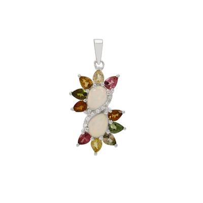 Ethiopian Opal, Multi-Colour Tourmaline Pendant with White Zircon in Sterling Silver 3cts
