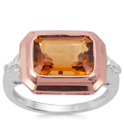 Cognac Quartz Ring with White Zircon in Two Tone Rose gold Plated Sterling Silver Sterling Silver 3.77cts