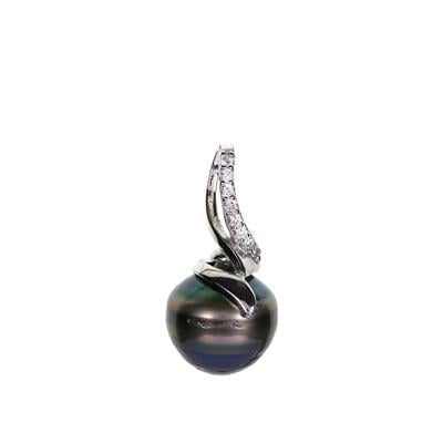Tahitian Cultured Pearl Pendant with White Zircon in Sterling Silver (12mm)