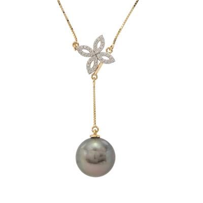 Tahitian Cultured Pearl Necklace with White Zircon in 9K Gold (13 MM)