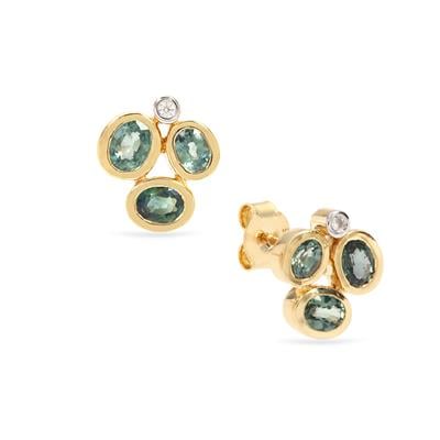 Natural Green Sapphire Earrings with White Zircon in 9K Gold 1.65cts