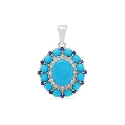 Sleeping Beauty Turquoise, Thai Sapphire Pendant with White Zircon in Sterling Silver 4.20cts