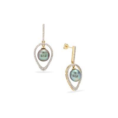 Tahitian Cultured Pearl Earrings with White Zircon in 9K Gold (9 MM)