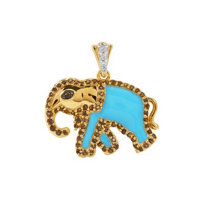 Smokey Quartz Elephant Pendant with White Zircon in Gold Plated Sterling Silver 0.40ct