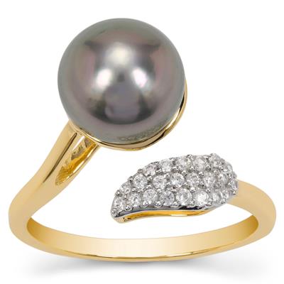 Tahitian Cultured Pearl Ring with White Zircon in 9K Gold (9 MM)