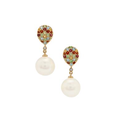 'The Imperial Earrings' South Sea Cultured Pearl Earrings with Multi Gemstones in 9K Gold (11mm)