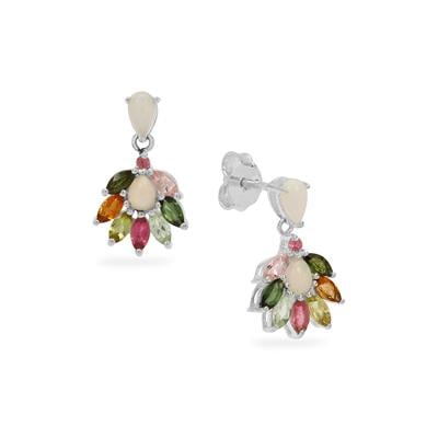Ethiopian Opal, Multi-Colour Tourmaline Earrings with Pink Tourmaline in Sterling Silver 2.20cts