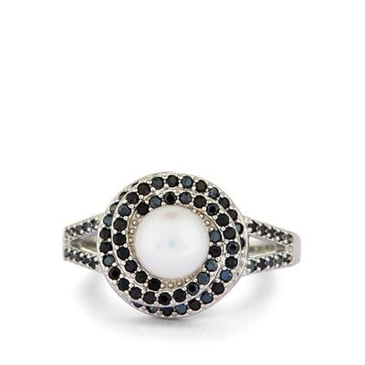 Freshwater Cultured Pearl Ring with Black Spinel in Sterling Silver 