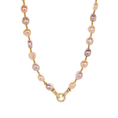 Kaori Freshwater Cultured Pearl Necklace with White Zircon in Gold Tone Sterling Silver (8 x 9mm)