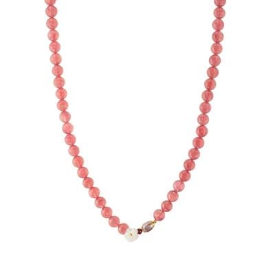 Strawberry Quartz Necklace with Freshwater Cultured Pearl, Garnet and Shell in Gold Tone Sterling Silver 