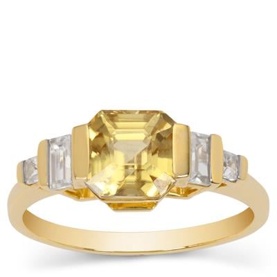 Asscher Cut Tanzanian Canary Yellow Zircon with White Zircon 9K Gold Ring 3.45cts