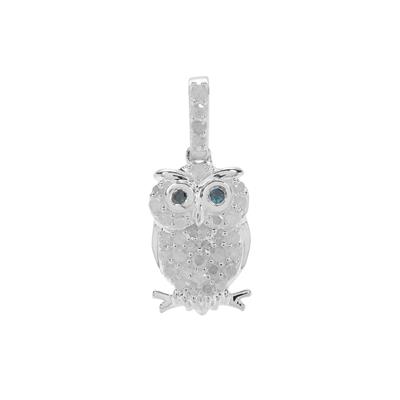 Blue, White Diamond Owl Pendant in Sterling Silver 0.34ct