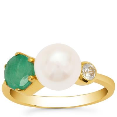 Sakota Emerald, White Zircon Ring with Kaori Cultured Pearl in Gold Plated Sterling Silver (8mm)