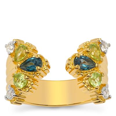 London Blue Topaz, Changbai Peridot & White Zircon Ring in Gold Plated Sterling Silver 1.60cts