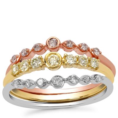 Natural Pink, Yellow Diamond Set of 3 Rings with White Diamond in 9K Three Tone Gold 0.50ct