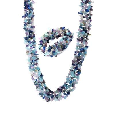 Multi Gemstone Set of Necklace & Stretchable Bracelet in Sterling Silverr 1068.52cts